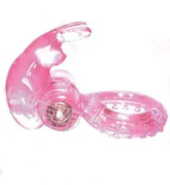 Розовое эрекционное кольцо с вибратором и клиторальным стимулятором-зайчиком - 0