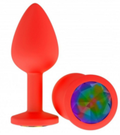 Красная анальная втулка с разноцветным кристаллом - 7,3 см. - 0