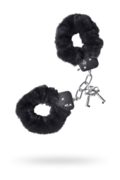 Черные меховые наручники с металлическим крепежом - 2