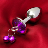 Серебристая анальная пробка с колокольчиками и фиолетовым кристаллом - 7 см. - 0