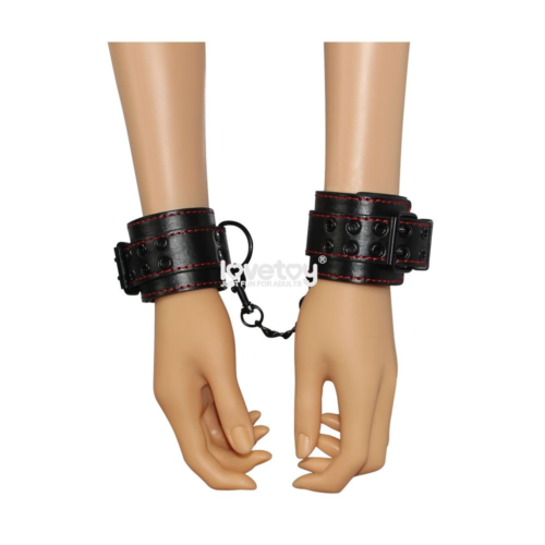 Черные наручники Bondage Fetish Pleasure Handcuffs с контрастной строчкой - 4