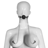 Серебристо-черный кляп с зажимами на соски Breathable Ball Gag With Nipple Clamp - 3