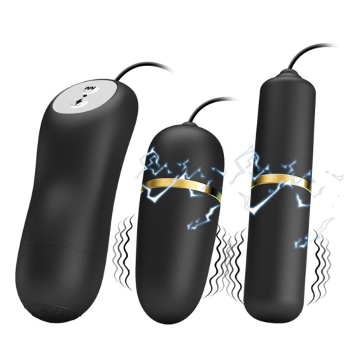 Черный проводной набор с электростимуляцией: виброяйцо и вибропуля - 0