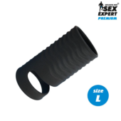 Черная открытая насадка на пенис с кольцом для мошонки L-size - 8,5 см. - 0