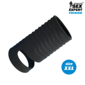 Черная открытая насадка на пенис с кольцом для мошонки XXL-size - 9,4 см. - 0