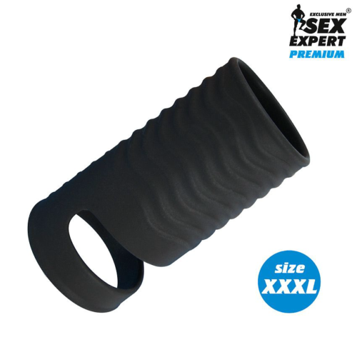 Черная открытая насадка на пенис с кольцом для мошонки XXXL-size - 9,9 см. - 0