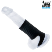 Черная открытая насадка на пенис с кольцом для мошонки XL-size - 8,9 см. - 4