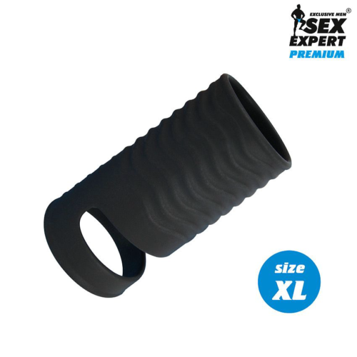 Черная открытая насадка на пенис с кольцом для мошонки XL-size - 8,9 см. - 0
