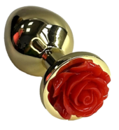 Золотистая анальная пробка с ограничителем в форме красной розы - 9 см. - 0