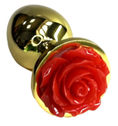 Золотистая анальная пробка с ограничителем в форме красной розы - 8 см. - 0