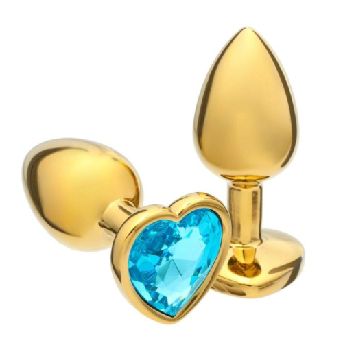 Золотистая анальная пробка с голубым кристаллом в форме сердца - 7 см. - 0
