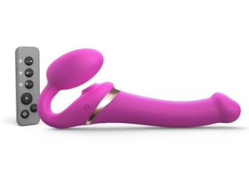 Ярко-розовый безремневой страпон Multi Orgasm Size M с клиторальной стимуляцией