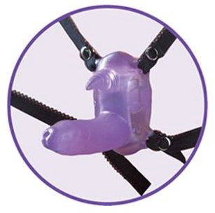 Фиолетовый вибростимулятор в виде рога носорога на регулируемых трусиках и с пультом ДУ - 1
