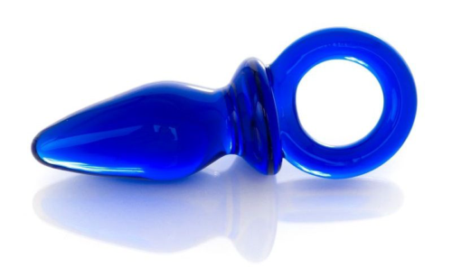 Синяя анальная пробка из стекла с ручкой-кольцом - 7 см. - 0