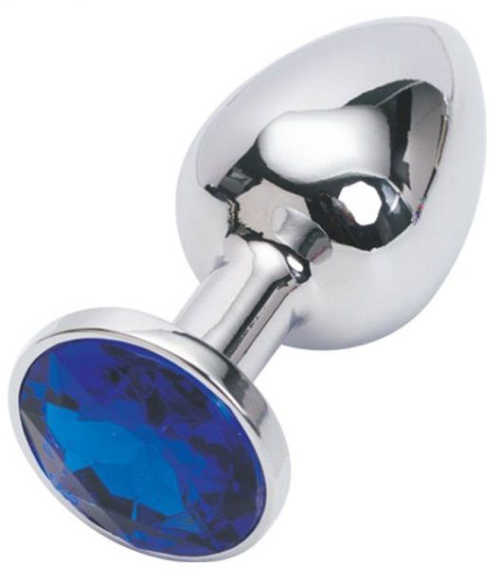 Серебряная металлическая анальная пробка с синим стразиком - 7,6 см. - 0