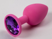 Розовая силиконовая анальная пробка с фиолетовым стразом - 7,1 см. - 0