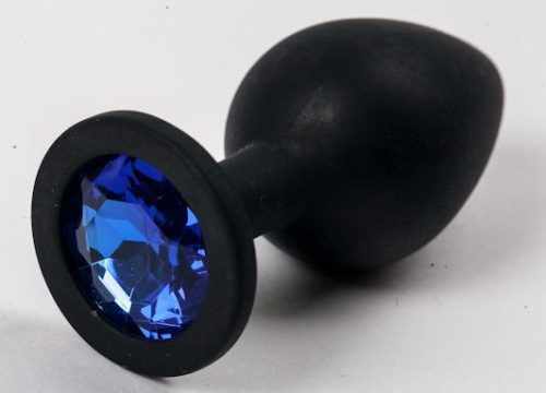 Черная силиконовая анальная пробка с синим стразом - 8,2 см. - 0