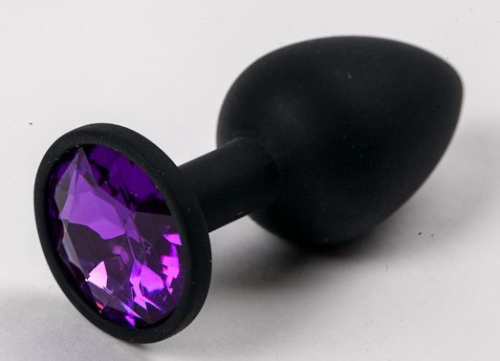 Черная силиконовая анальная пробка с фиолетовым стразом - 7,1 см. - 0