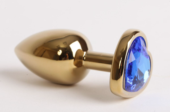Золотистая анальная пробка с синим стразиком-сердечком - 8 см. - 0