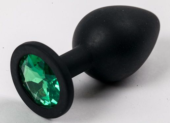 Черная силиконовая анальная пробка с зеленым кристаллом - 9,5 см. - 0