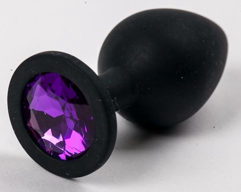 Черная силиконовая анальная пробка с фиолетовым кристаллом - 9,5 см. - 0