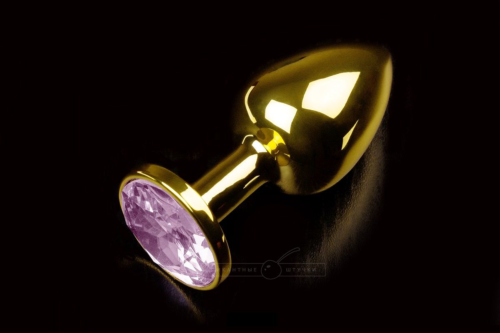 Маленькая золотистая анальная пробка с круглым кончиком и розовым кристаллом - 7 см. - 0