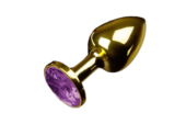 Маленькая золотистая анальная пробка с круглым кончиком и фиолетовым кристаллом - 7 см. - 0