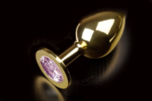 Большая золотая анальная пробка с закругленным кончиком и розовым кристаллом - 9 см. - 0