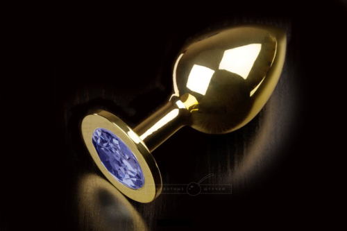Большая золотая анальная пробка с закругленным кончиком и синим кристаллом - 9 см. - 0