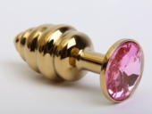 Золотистая ребристая анальная пробка с розовым стразом - 7,3 см. - 0