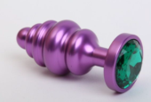 Фиолетовая ребристая анальная пробка с зеленым кристаллом - 7,3 см. - 0