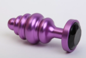 Фиолетовая ребристая анальная пробка с чёрным кристаллом - 7,3 см. - 0