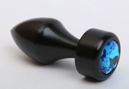 Чёрная анальная пробка с широким основанием и голубым кристаллом - 7,8 см. - 0