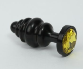 Чёрная ребристая анальная пробка с жёлтым кристаллом - 7,3 см. - 0
