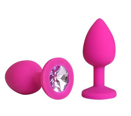 Розовая силиконовая пробка с фиолетовым кристаллом размера M - 8 см. - 0