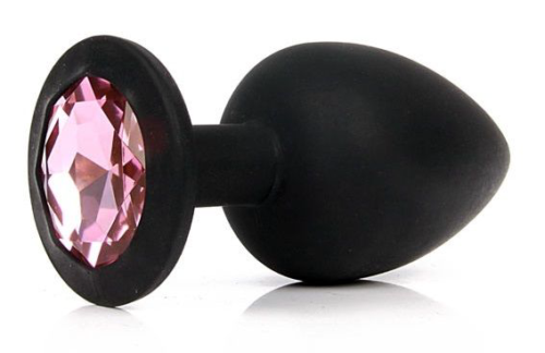 Чёрная силиконовая пробка с розовым кристаллом размера L - 9,2 см. - 0