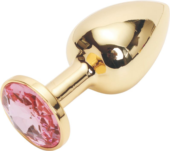 Золотистая анальная пробка с розовым кристаллом размера M - 8 см. - 0