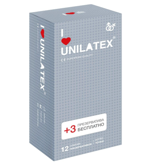 Презервативы с точками Unilatex Dotted - 12 шт. + 3 шт. в подарок - 0