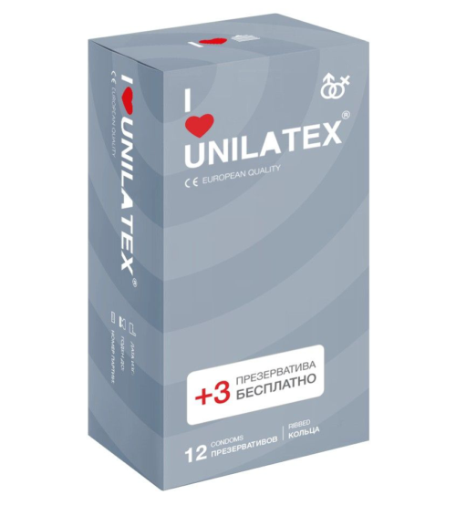 Презервативы с рёбрами Unilatex Ribbed - 12 шт. + 3 шт. в подарок - 0