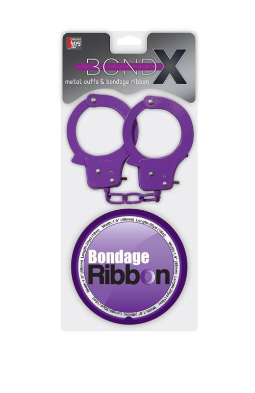 Набор для фиксации BONDX METAL CUFFS AND RIBBON: фиолетовые наручники из листового материала и липкая лента - 1