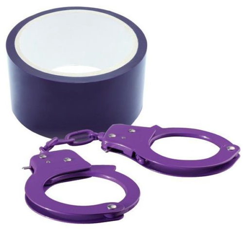 Набор для фиксации BONDX METAL CUFFS AND RIBBON: фиолетовые наручники из листового материала и липкая лента - 0