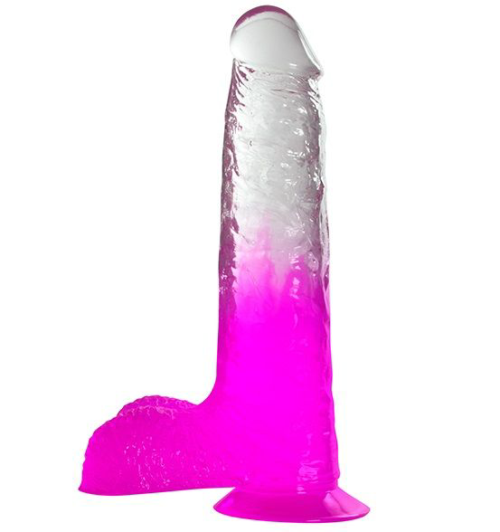 Фиолетовый фаллоимитатор с мошонкой, прозрачным стволом и присоской - 17,8 см. - 0
