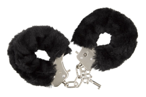 Чёрные меховые наручники с ключиками Furry Handcuffs - 0