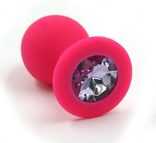 Розовая силиконовая анальная пробка с светло-фиолетовым кристаллом - 7 см. - 0