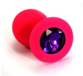 Розовая силиконовая анальная пробка с темно-фиолетовым кристаллом - 7 см. - 0