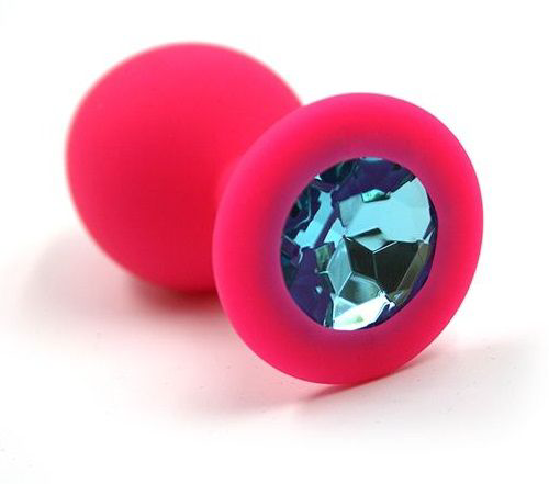 Розовая силиконовая анальная пробка с голубым кристаллом - 7 см. - 0