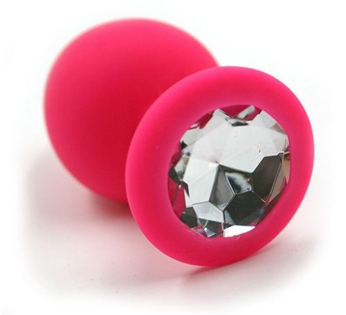 Розовая силиконовая анальная пробка с прозрачным кристаллом - 7 см. - 0
