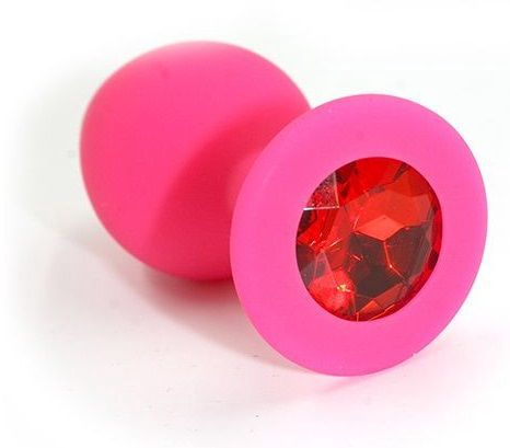 Розовая силиконовая анальная пробка с красным кристаллом - 7 см. - 0