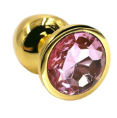 Золотистая алюминиевая анальная пробка с светло-розовым кристаллом - 6 см. - 1