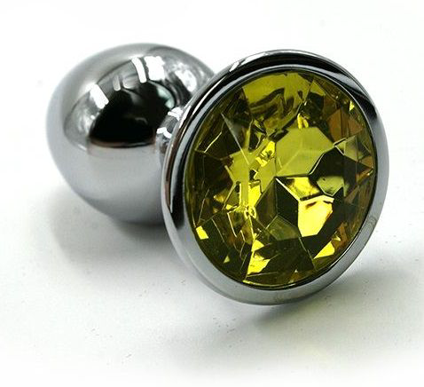 Серебристая алюминиевая анальная пробка с желтым кристаллом - 6 см. - 0